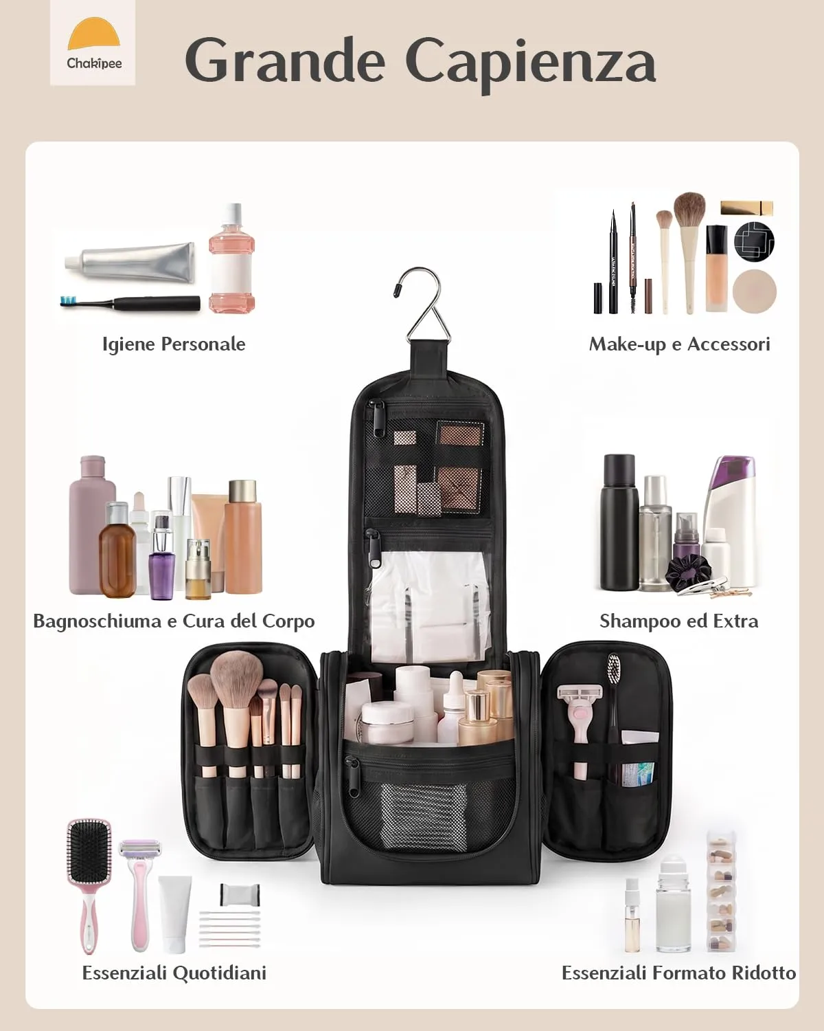Beauty Case da Viaggio per Donna da Appendere - Borsa da Toilette e Trousse Uomo Organizer Portatile per Cosmetici e Prodotti da Bagno - Adatto per i viaggi e la palestra Nero, Media - immagine 2