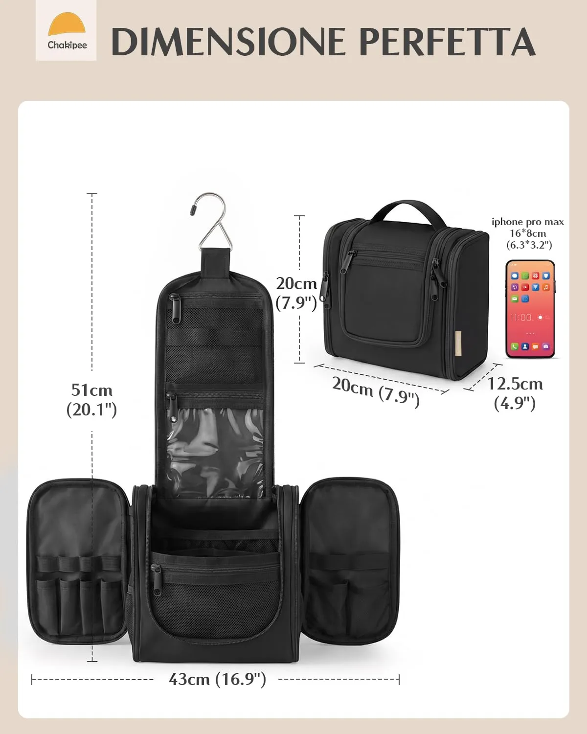Beauty Case da Viaggio per Donna da Appendere - Borsa da Toilette e Trousse Uomo Organizer Portatile per Cosmetici e Prodotti da Bagno - Adatto per i viaggi e la palestra Nero, Media - immagine 4