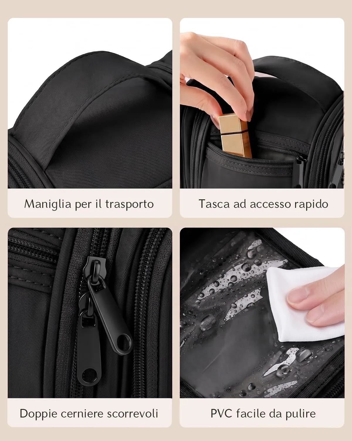 Beauty Case da Viaggio per Donna da Appendere - Borsa da Toilette e Trousse Uomo Organizer Portatile per Cosmetici e Prodotti da Bagno - Adatto per i viaggi e la palestra Nero, Media - immagine 8