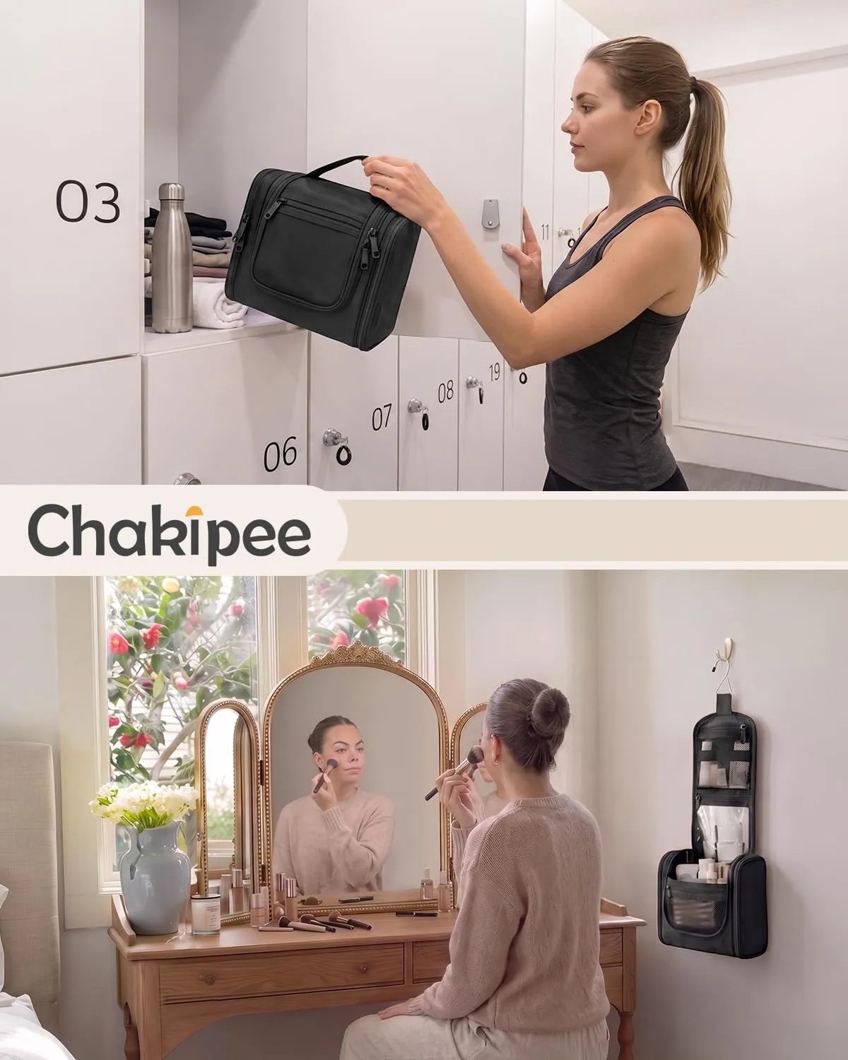 Beauty Case da Viaggio per Donna da Appendere - Borsa da Toilette e Trousse Uomo Organizer Portatile per Cosmetici e Prodotti da Bagno - Adatto per i viaggi e la palestra Nero, Media - immagine 9