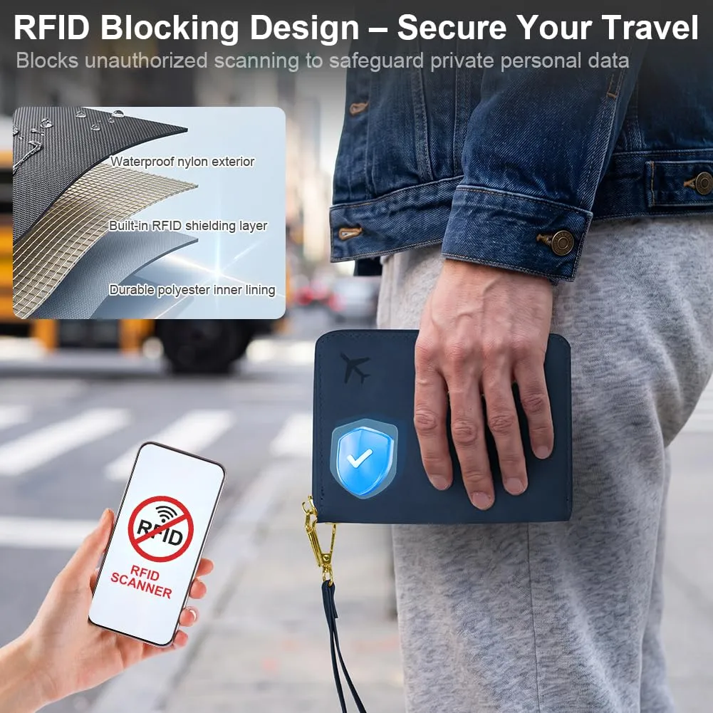AOOSU Porta Passaporto con Blocco RFID Portafoglio da Viaggio Blu Scuro - immagine 4