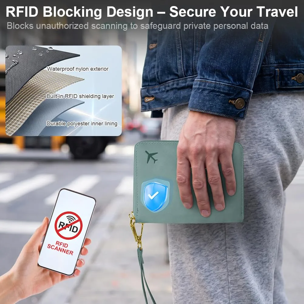 AOOSU Porta Passaporto con Blocco RFID Portafoglio da Viaggio Blu Chiaro - immagine 4