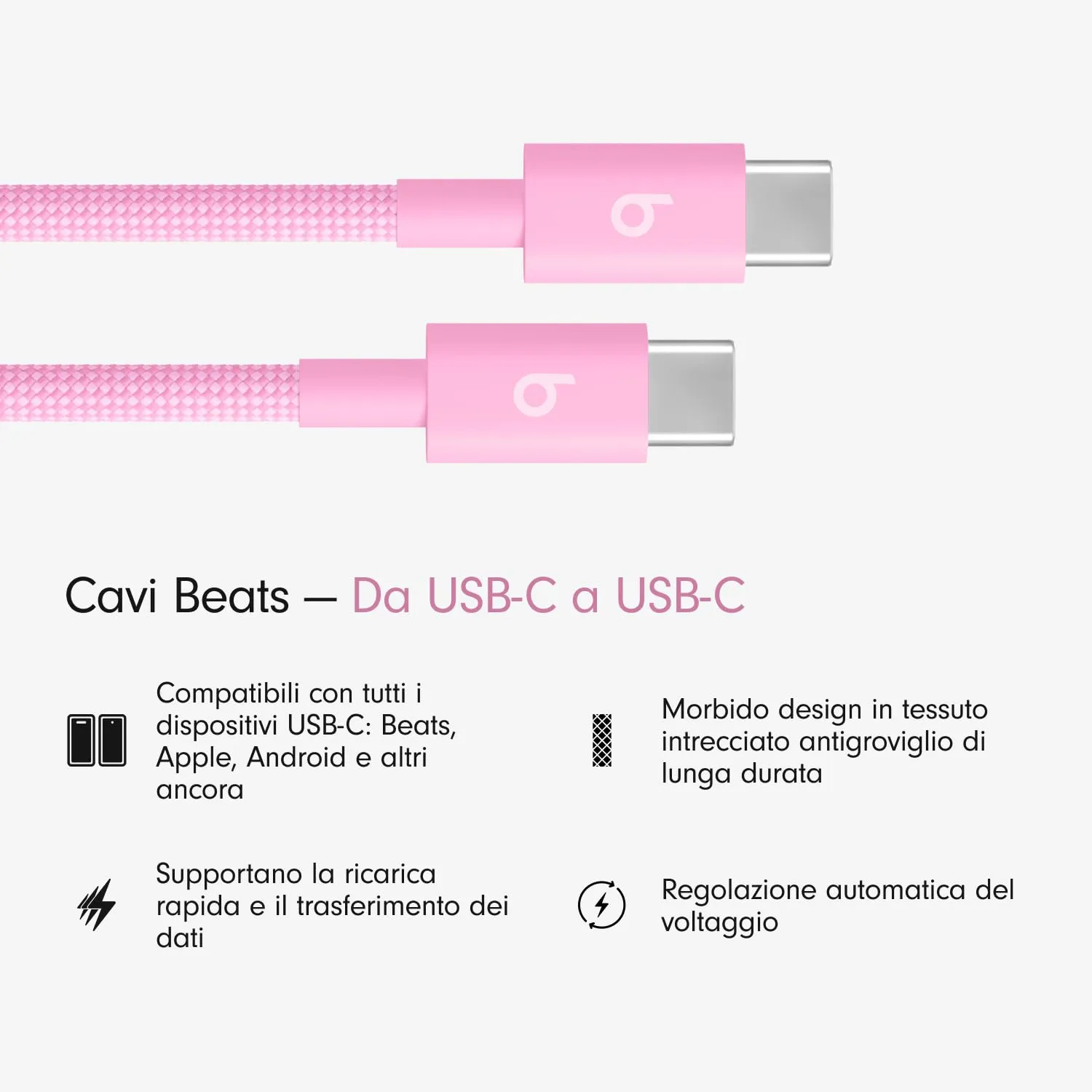 Beats da USB-C a USB-C Cavo in tessuto intrecciato, ricarica rapida, resistente e antigroviglio, caricatore compatibile per dispositivi Apple e Android (1,5 m) - Rosa energico - immagine 2