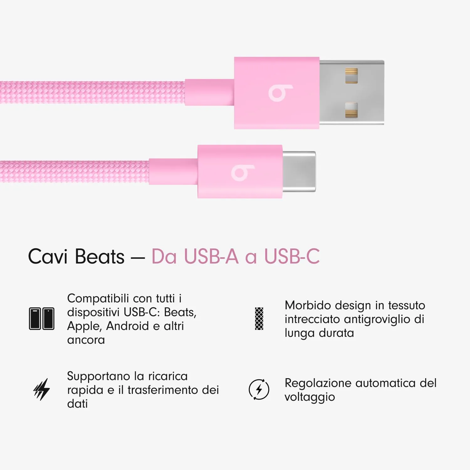 Beats da USB-A a USB-C Cavo in tessuto intrecciato, ricarica rapida, resistente e antigroviglio, caricatore compatibile per dispositivi Apple e Android (1,5 m) - Rosa energico - immagine 2