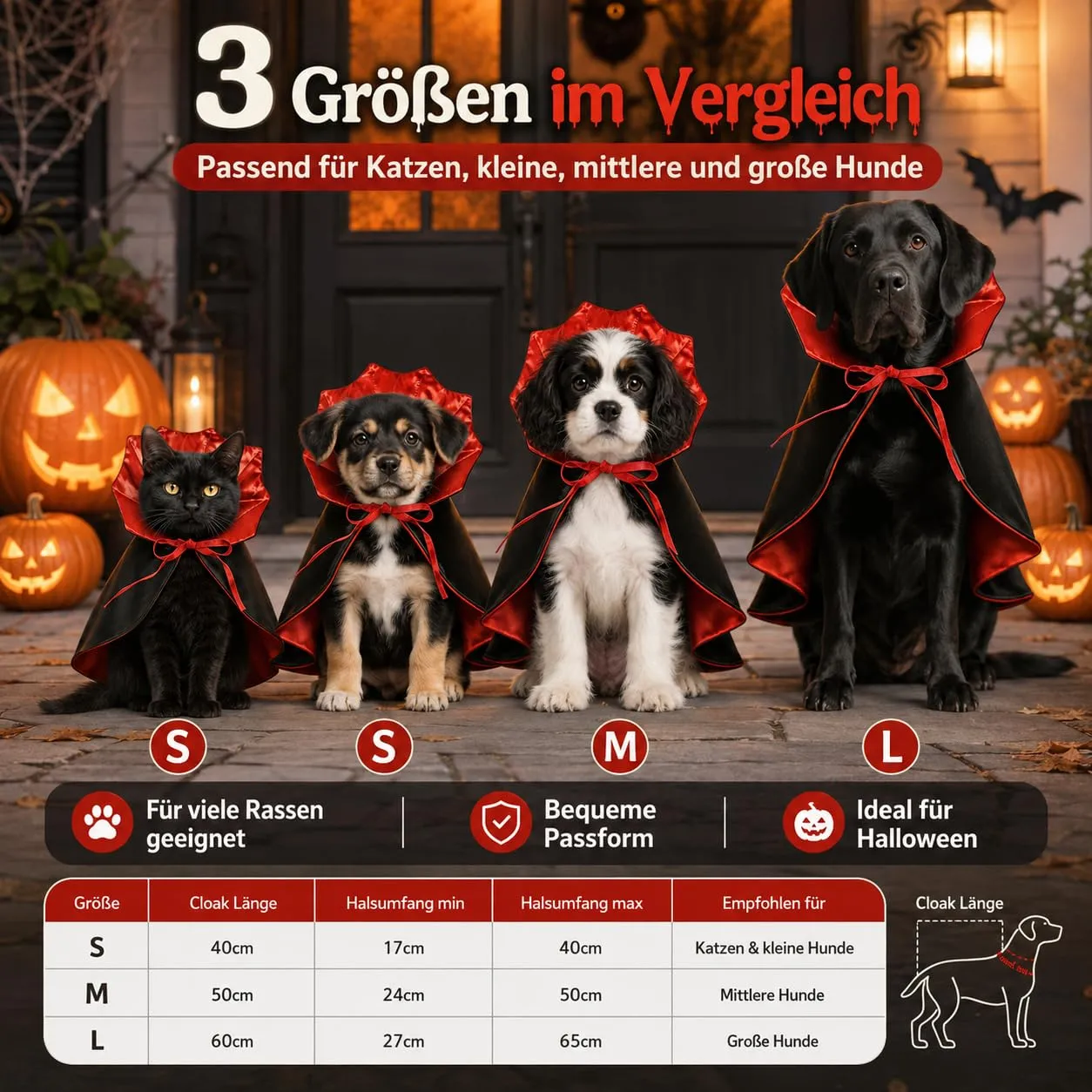 Mantello Vampiro Halloween Cane Gatto Costume Animali Taglie, M - immagine 2
