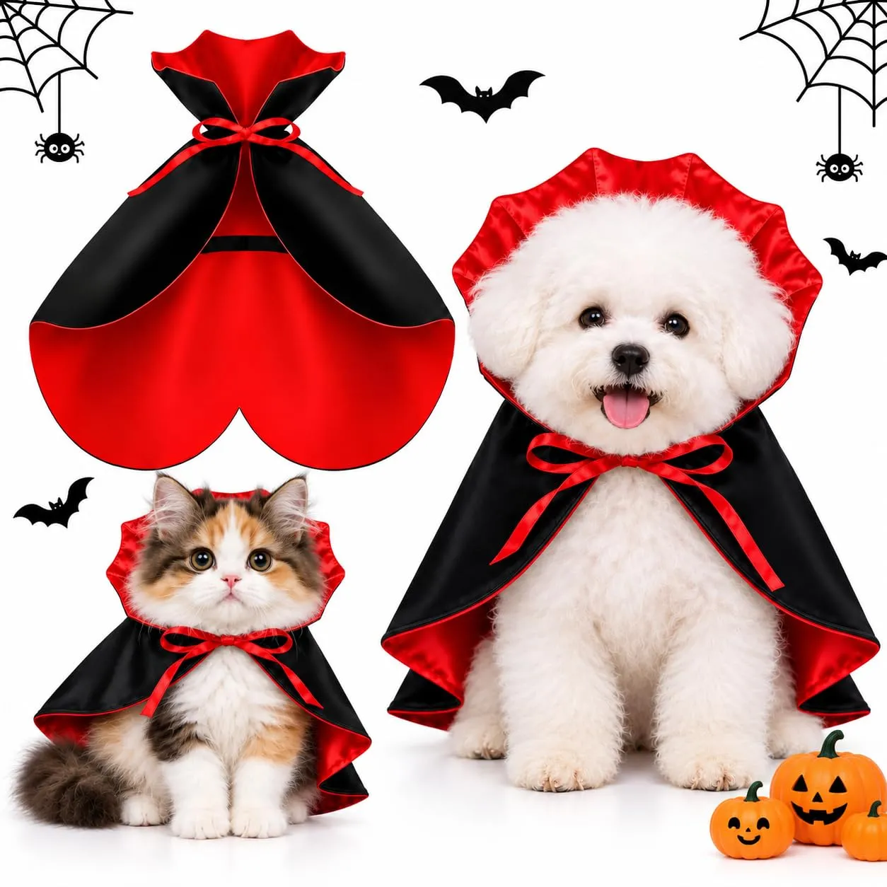Costume da vampiro per cani (S/40 cm) con mantello e colletto rialzato per cosplay, Costume di Halloween in raso con doppia chiusura, Carnevale e servizi fotografici - immagine 1