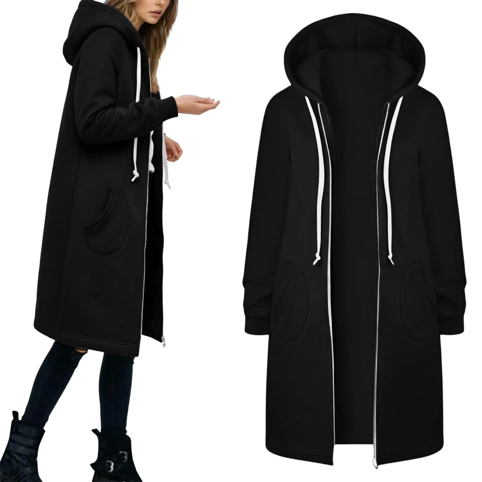 Generico Felpa Lunga Donna con Cappuccio Zip Tasche, Pile Morbido Stile Y2k Casual Autunno Inverno Monopinta - immagine 1