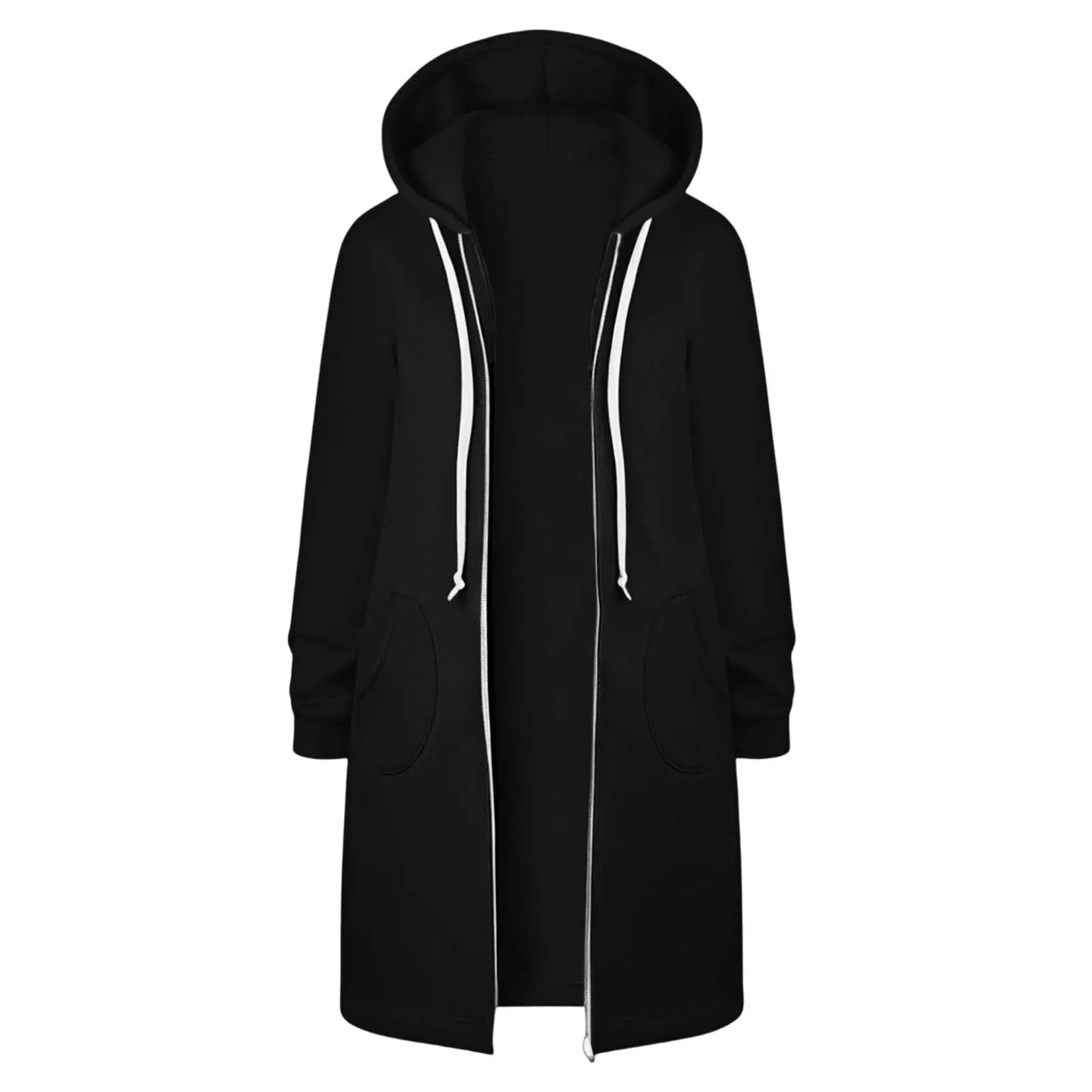 Generico Felpa Lunga Donna con Cappuccio Zip Tasche, Pile Morbido Stile Y2k Casual Autunno Inverno Monopinta - immagine 4