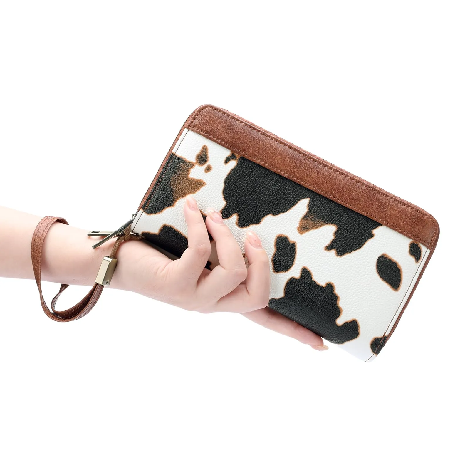GOIACII Portafoglio da donna di grande capacità con blocco RFID doppia cerniera borsa da donna, in pelle con cinturino da polso, A14 Marrone mucca, L, Rétro - immagine 7