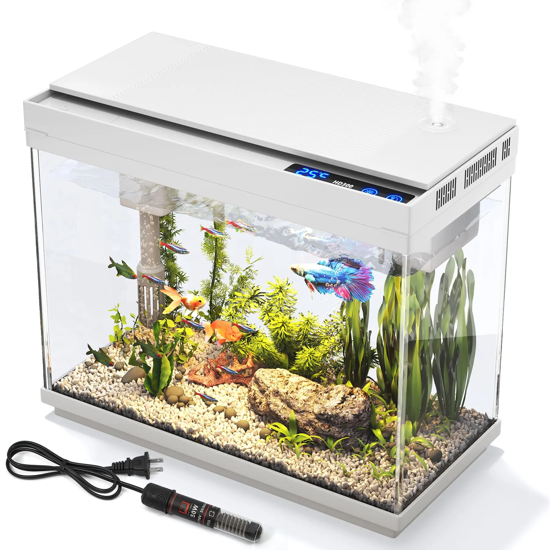 Vehipa Acquario, Vasca per Pesci Betta da 9 Litri con Riscaldatore, Umidificatore 3 in 1 Pompa - Filtrazione, Ossigenazione e Circolazione, Display Della Temperatura, Luci Temporizzate a 7 Colori - immagine 1