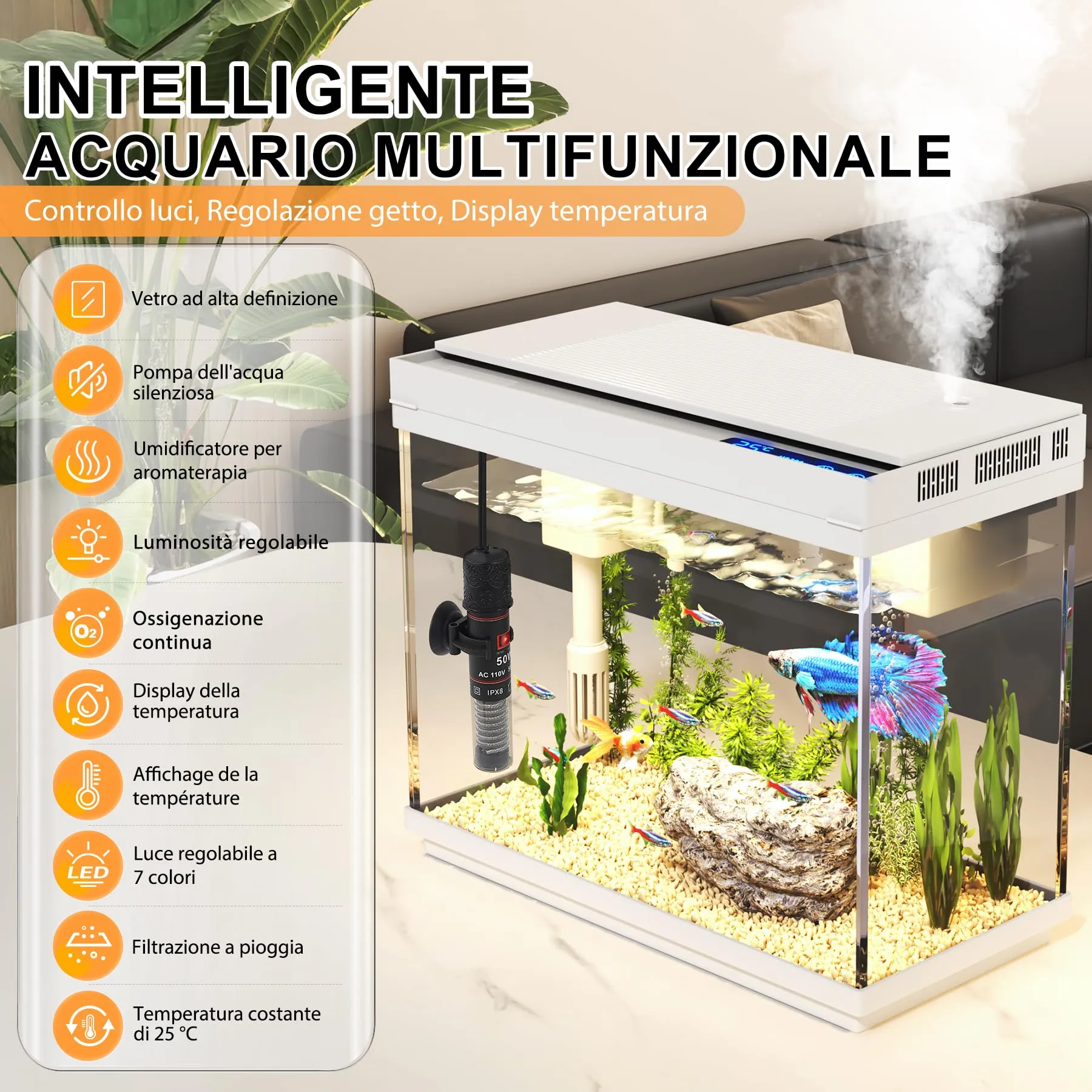 Vehipa Acquario, Vasca per Pesci Betta da 9 Litri con Riscaldatore, Umidificatore 3 in 1 Pompa - Filtrazione, Ossigenazione e Circolazione, Display Della Temperatura, Luci Temporizzate a 7 Colori - immagine 2