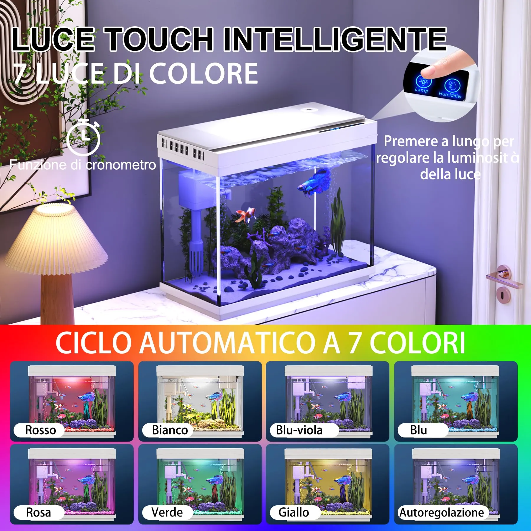 Vehipa Acquario, Vasca per Pesci Betta da 9 Litri con Riscaldatore, Umidificatore 3 in 1 Pompa - Filtrazione, Ossigenazione e Circolazione, Display Della Temperatura, Luci Temporizzate a 7 Colori - immagine 5