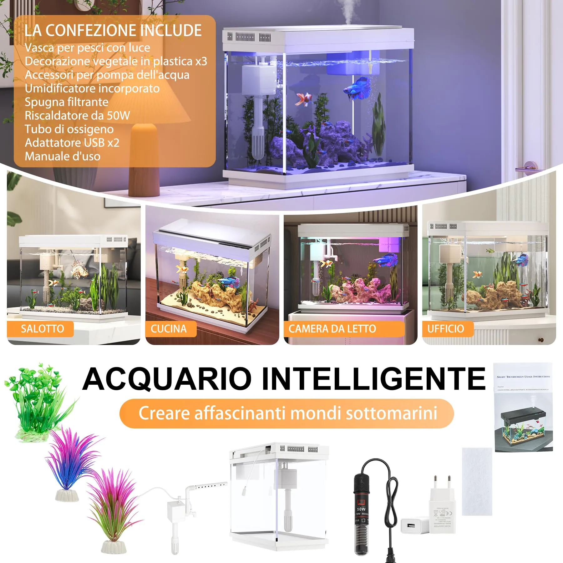 Vehipa Acquario, Vasca per Pesci Betta da 9 Litri con Riscaldatore, Umidificatore 3 in 1 Pompa - Filtrazione, Ossigenazione e Circolazione, Display Della Temperatura, Luci Temporizzate a 7 Colori - immagine 8