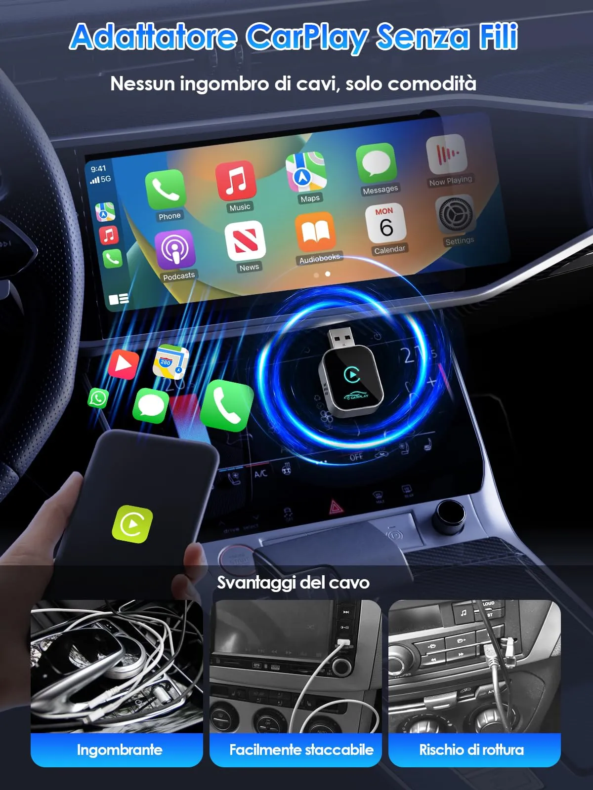 Adattatore Wireless CarPlay e Android Auto USB/Type-C iOS10+ Android11+ - immagine 3