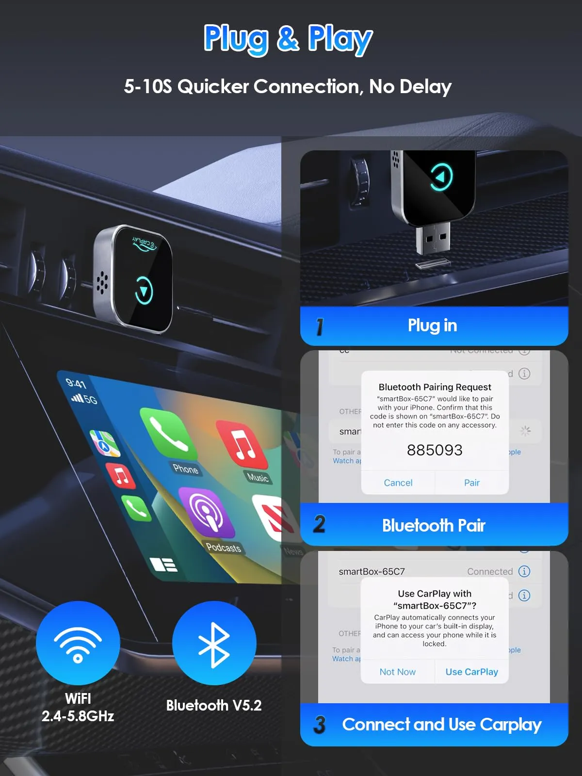Adattatore Wireless CarPlay e Android Auto USB/Type-C iOS10+ Android11+ - immagine 4