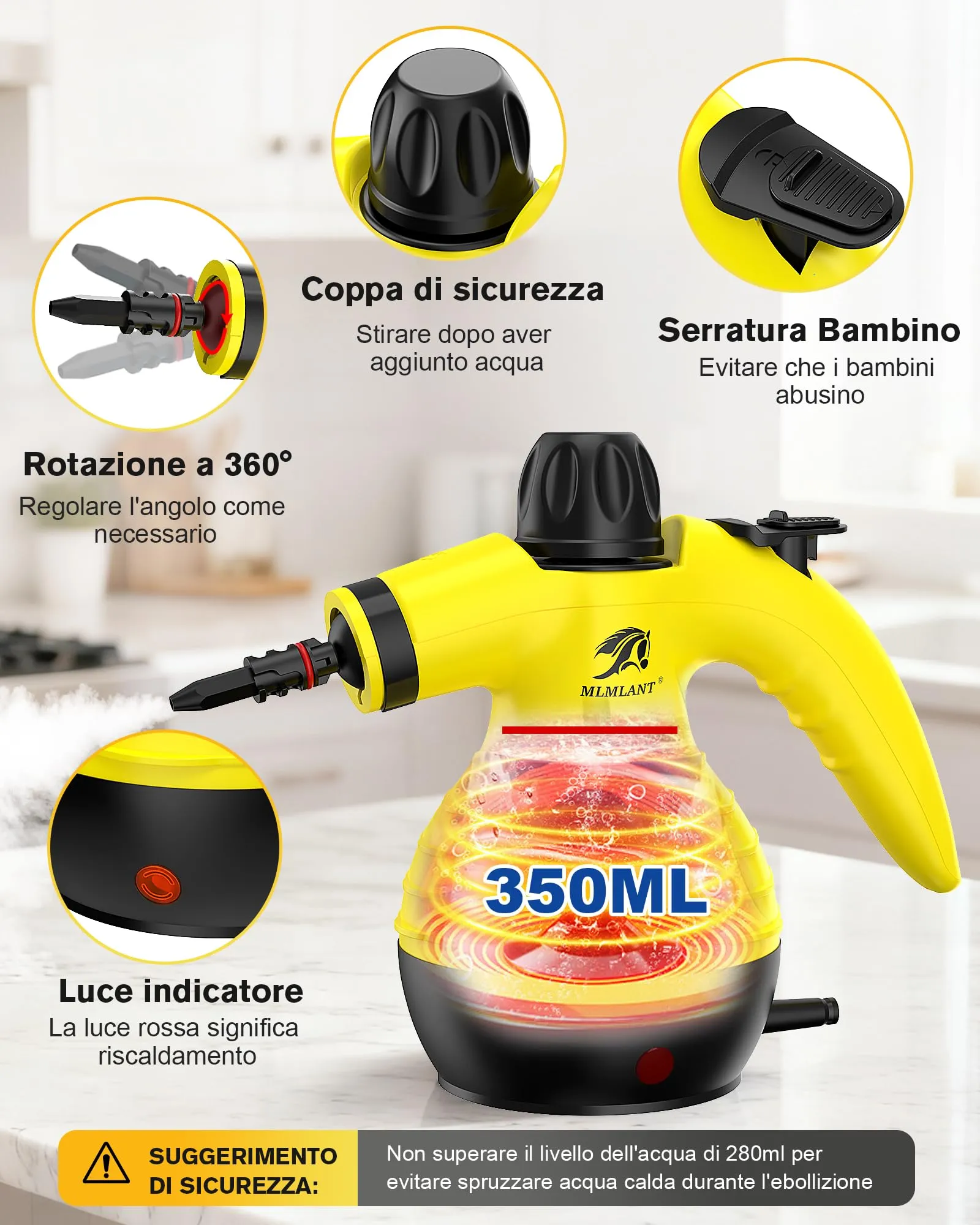 MLMLANT Pulitrice a Vapore Portatile, Steam Cleaner con 10 Accessori - immagine 4