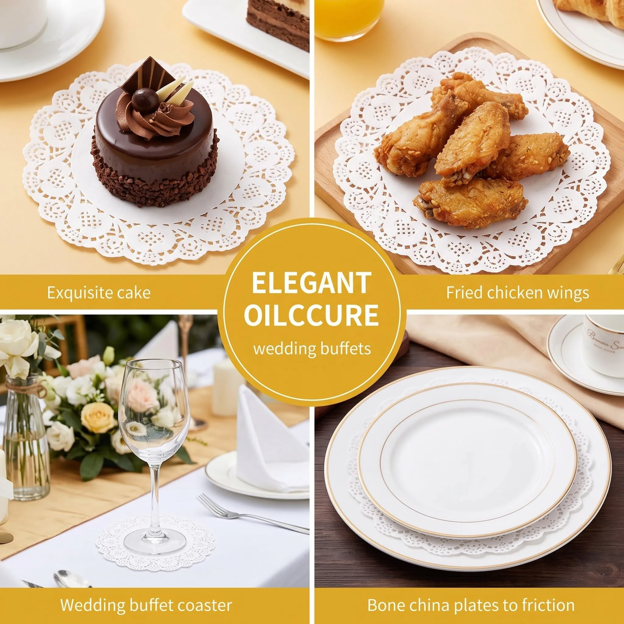 280 Centrini di Carta Rotondi 11.4 cm, Sottopiatti in Pizzo Bianco per Dolci e Torte, Tovagliette di Cartas Monouso Eleganti per Decorazione Tavola, Matrimonio e Buffet, Carta Assorbente per Fritti - immagine 2
