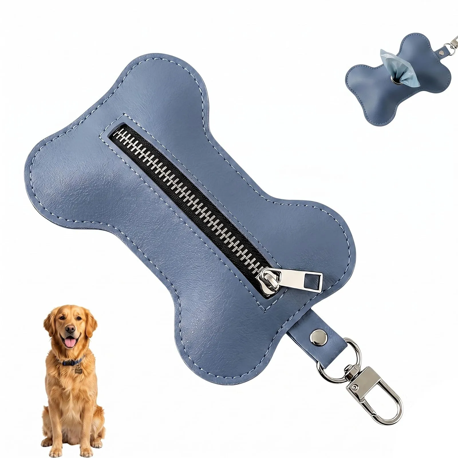 MNYXIS Porta Sacchetti Cane in Pelle PU a Forma di Osso, Dispenser sacchetti cane cacca con Cerniera e Uscita Facilitata, Portasacchetti Cane cacca da Guinzaglio per Passeggiate e Trekking, Blu - immagine 1