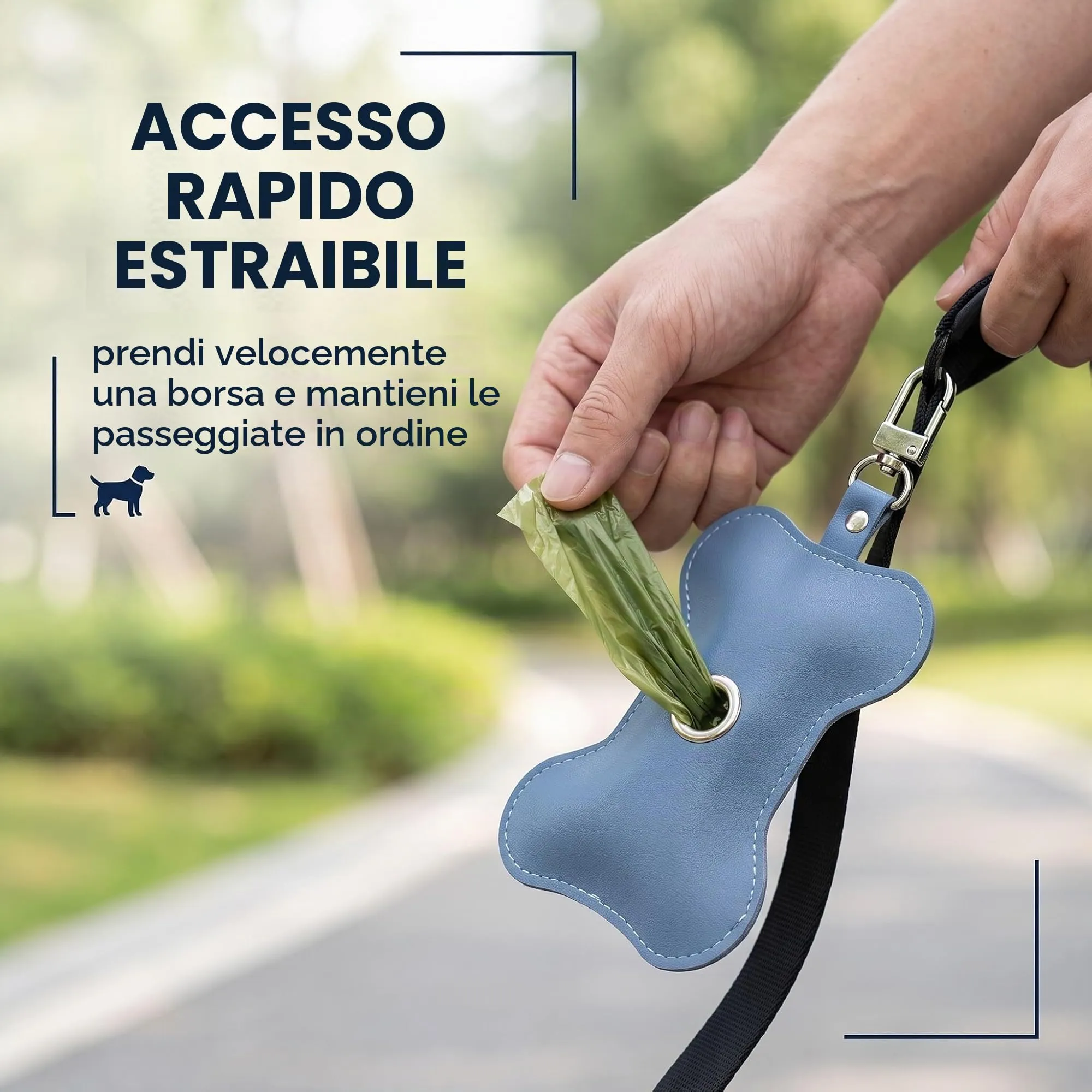 MNYXIS Porta Sacchetti Cane in Pelle PU a Forma di Osso, Dispenser sacchetti cane cacca con Cerniera e Uscita Facilitata, Portasacchetti Cane cacca da Guinzaglio per Passeggiate e Trekking, Blu - immagine 4