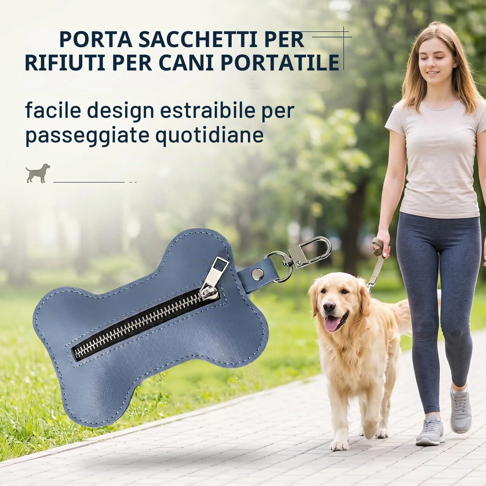 MNYXIS Porta Sacchetti Cane in Pelle PU a Forma di Osso, Dispenser sacchetti cane cacca con Cerniera e Uscita Facilitata, Portasacchetti Cane cacca da Guinzaglio per Passeggiate e Trekking, Blu - immagine 5