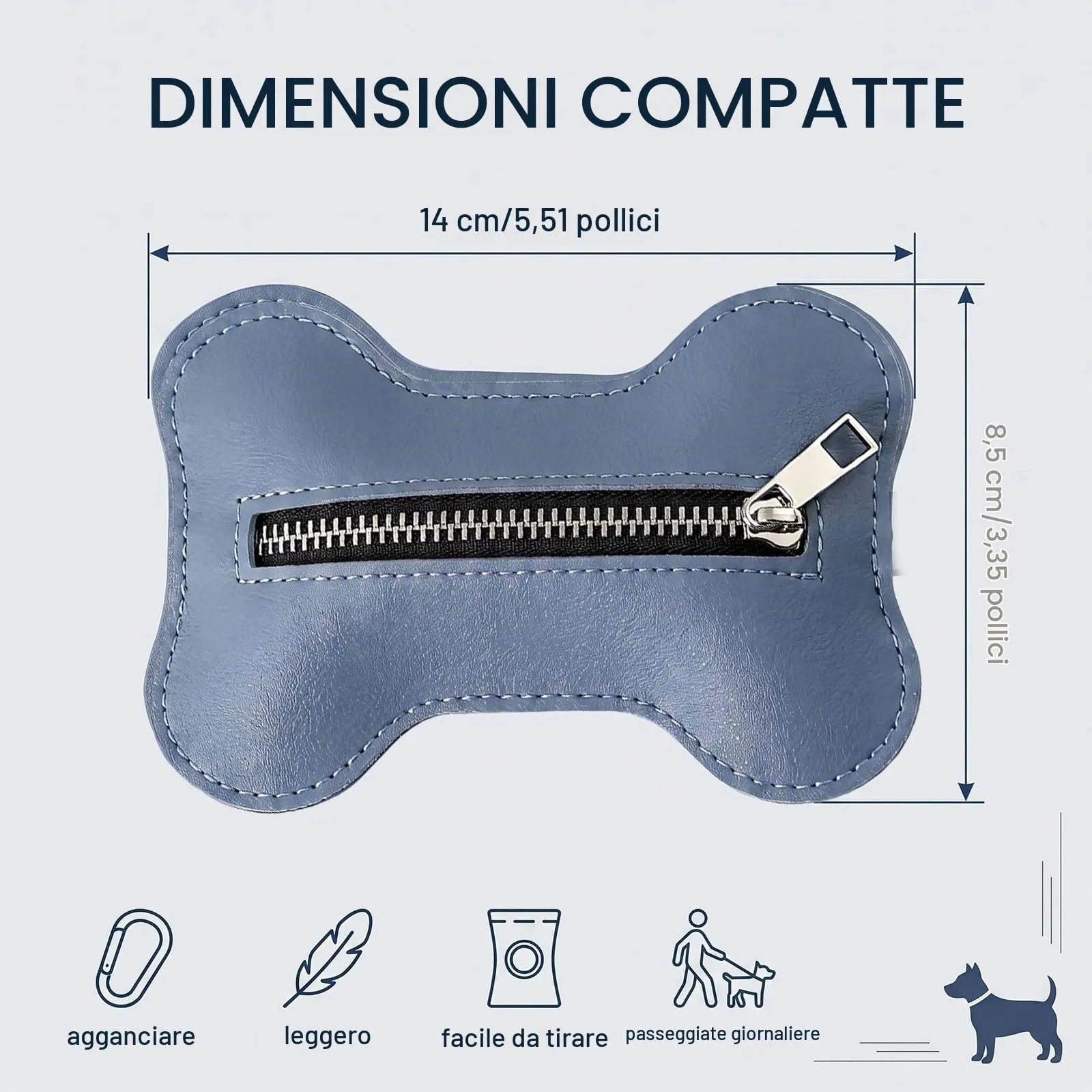 MNYXIS Porta Sacchetti Cane in Pelle PU a Forma di Osso, Dispenser sacchetti cane cacca con Cerniera e Uscita Facilitata, Portasacchetti Cane cacca da Guinzaglio per Passeggiate e Trekking, Blu - immagine 6