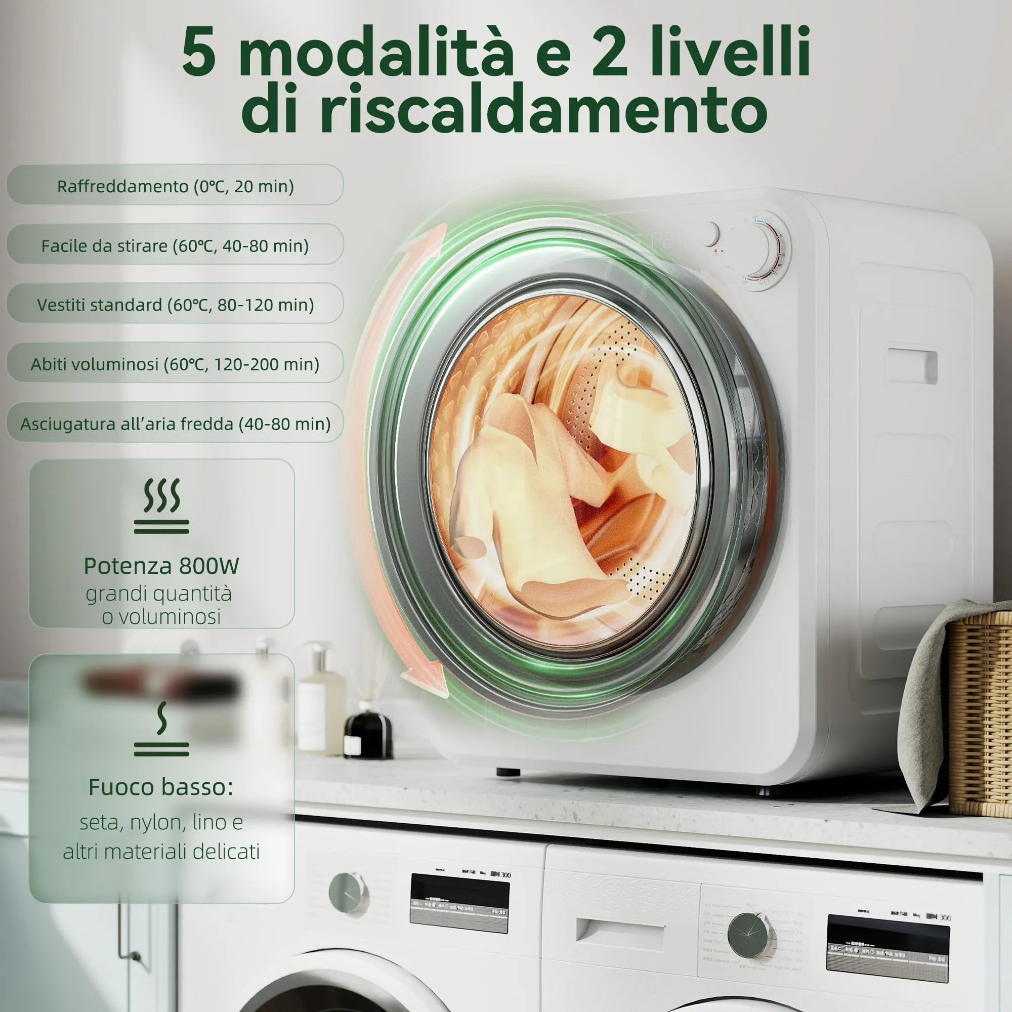 HOMCOM Mini Asciugatrice Portatile 2.5 kg, 5 Programmi, 800/400 W, Bianco - immagine 3