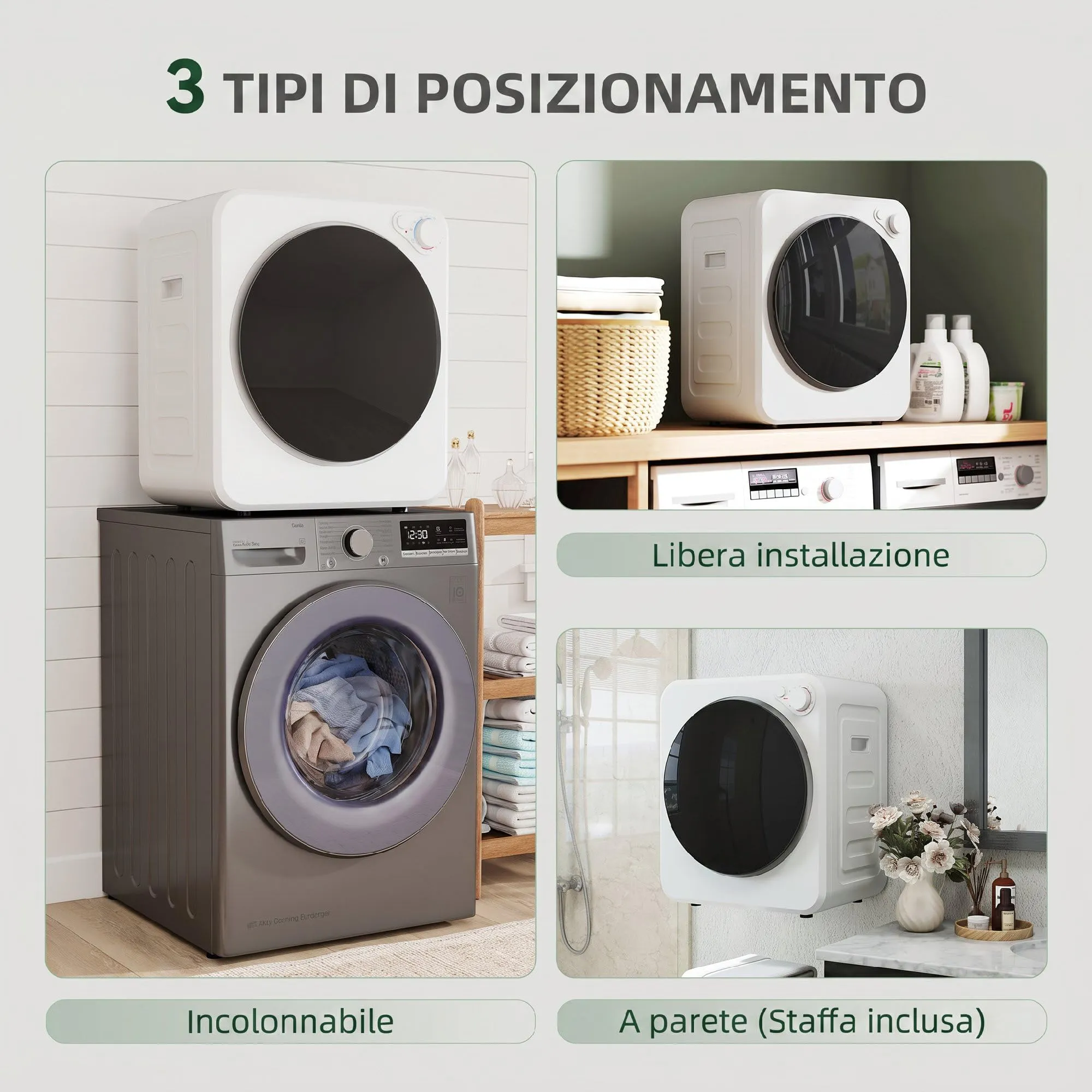 HOMCOM Mini Asciugatrice Portatile 2.5 kg, 5 Programmi, 800/400 W, Bianco - immagine 4