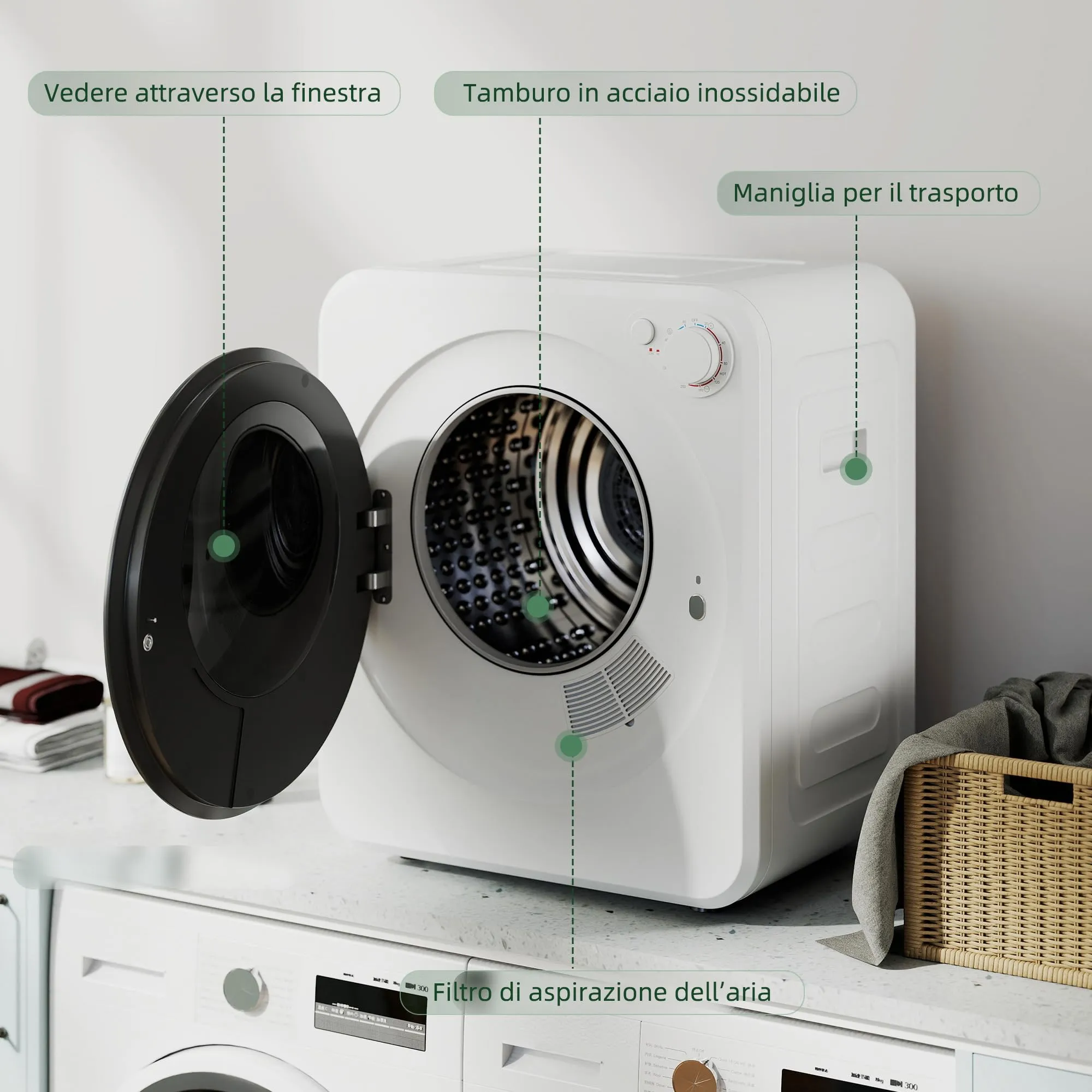 HOMCOM Mini Asciugatrice Portatile 2.5 kg, 5 Programmi, 800/400 W, Bianco - immagine 6