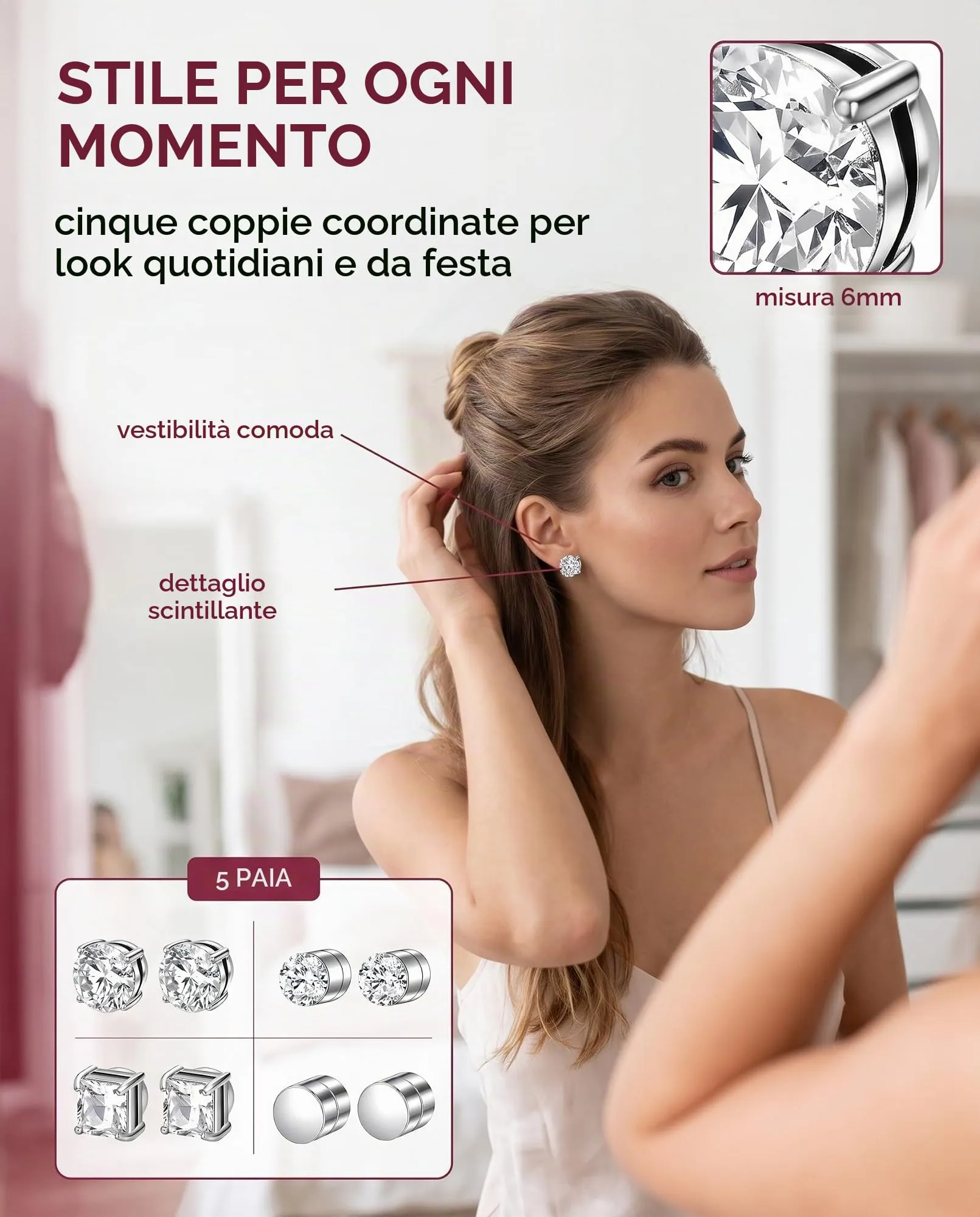LDBEMG Orecchini Magnetici Uomo 5 Paia 6mm, Senza Buco in Acciaio Inossidabile, Chiusura Sicura Anticaduta Ipoallergenica per Sport e Vita Quotidiana - immagine 2