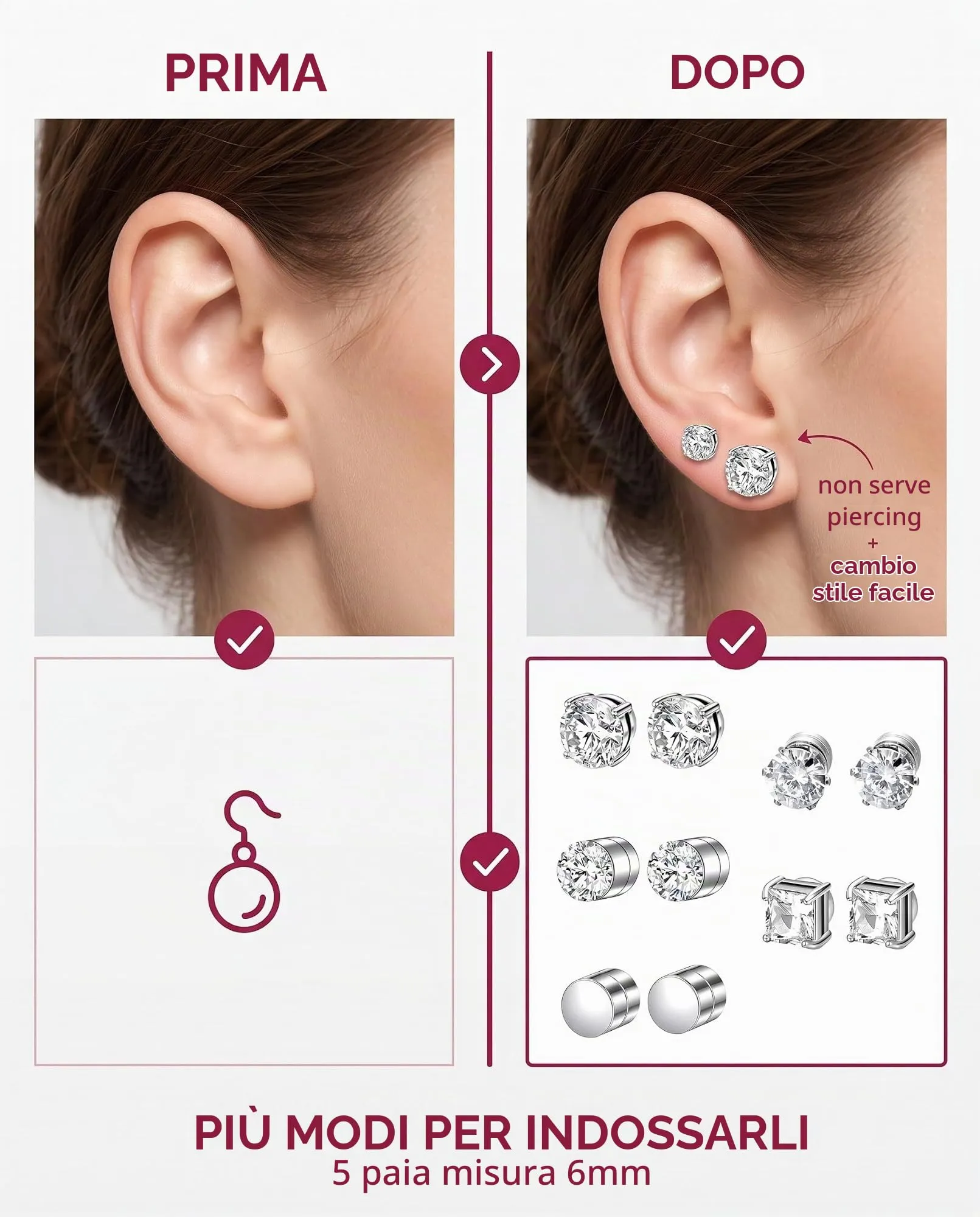 LDBEMG Orecchini Magnetici Uomo 5 Paia 6mm, Senza Buco in Acciaio Inossidabile, Chiusura Sicura Anticaduta Ipoallergenica per Sport e Vita Quotidiana - immagine 4