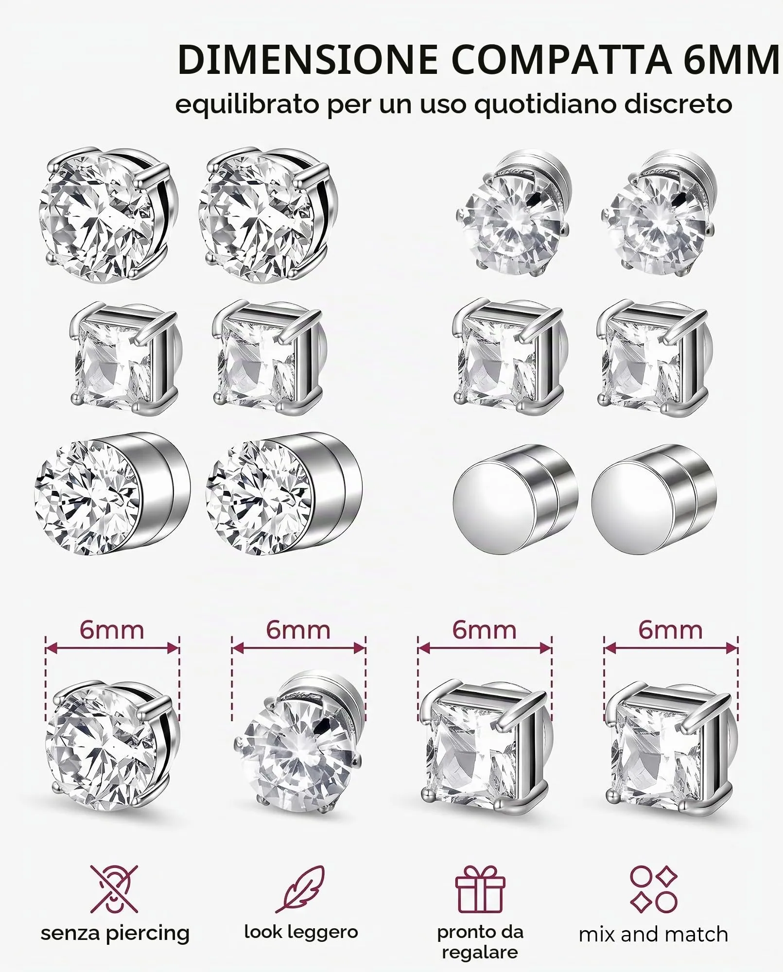 LDBEMG Orecchini Magnetici Uomo 5 Paia 6mm, Senza Buco in Acciaio Inossidabile, Chiusura Sicura Anticaduta Ipoallergenica per Sport e Vita Quotidiana - immagine 5