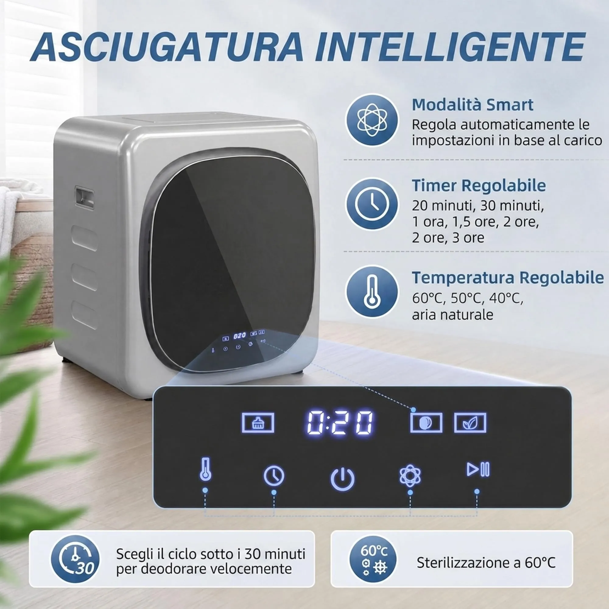HOMCOM Mini Asciugatrice Portatile 2.5kg 6 Programmi Display Touch Argento - immagine 3
