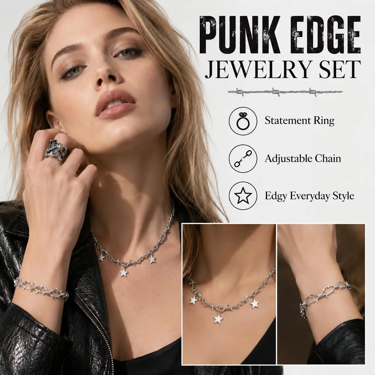 JOVYTH Set 3 Pezzi Filo Spinato con Collana Bracciale e Anello, Gioiello Punk Gotico Argentato a Spine per Uomo Donna, Accessorio Y2K Versatile per Feste Festival e Quotidiano - immagine 2