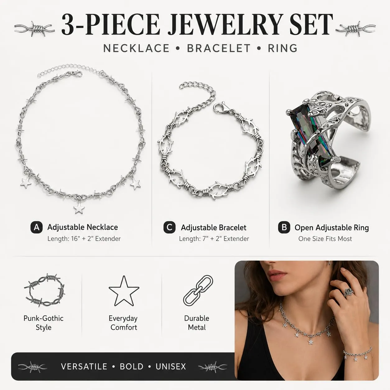 JOVYTH Set 3 Pezzi Filo Spinato con Collana Bracciale e Anello, Gioiello Punk Gotico Argentato a Spine per Uomo Donna, Accessorio Y2K Versatile per Feste Festival e Quotidiano - immagine 3
