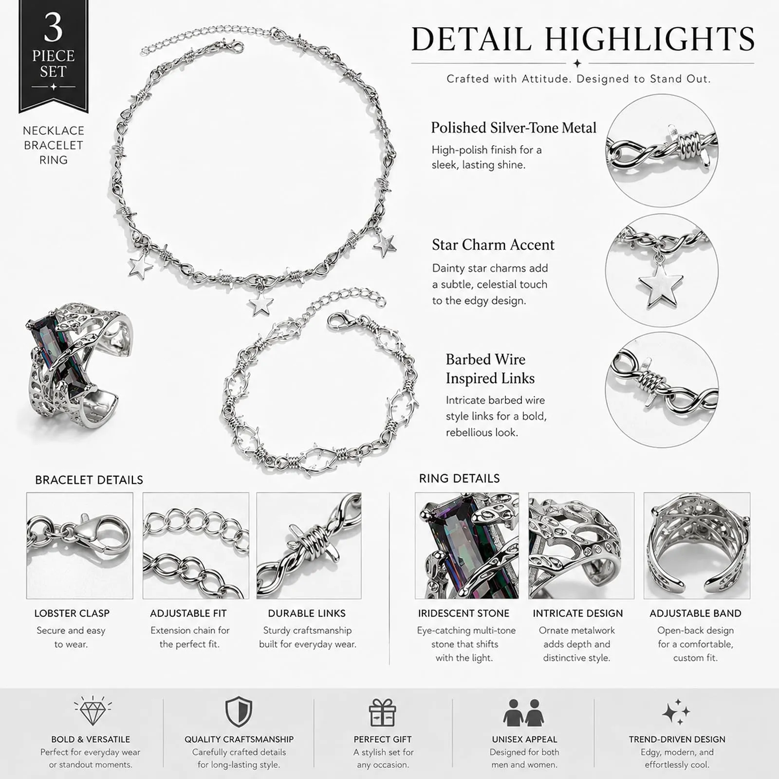JOVYTH Set 3 Pezzi Filo Spinato con Collana Bracciale e Anello, Gioiello Punk Gotico Argentato a Spine per Uomo Donna, Accessorio Y2K Versatile per Feste Festival e Quotidiano - immagine 5