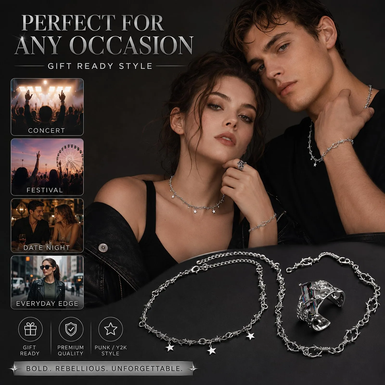 JOVYTH Set 3 Pezzi Filo Spinato con Collana Bracciale e Anello, Gioiello Punk Gotico Argentato a Spine per Uomo Donna, Accessorio Y2K Versatile per Feste Festival e Quotidiano - immagine 7