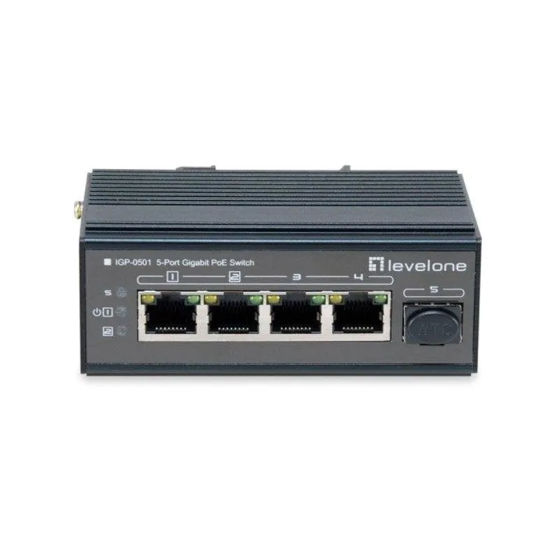 Switch industriale LevelOne IGP-0501 4 porte Gigabit PoE+ 1 SFP IP30 metallo DIN rail - immagine 1