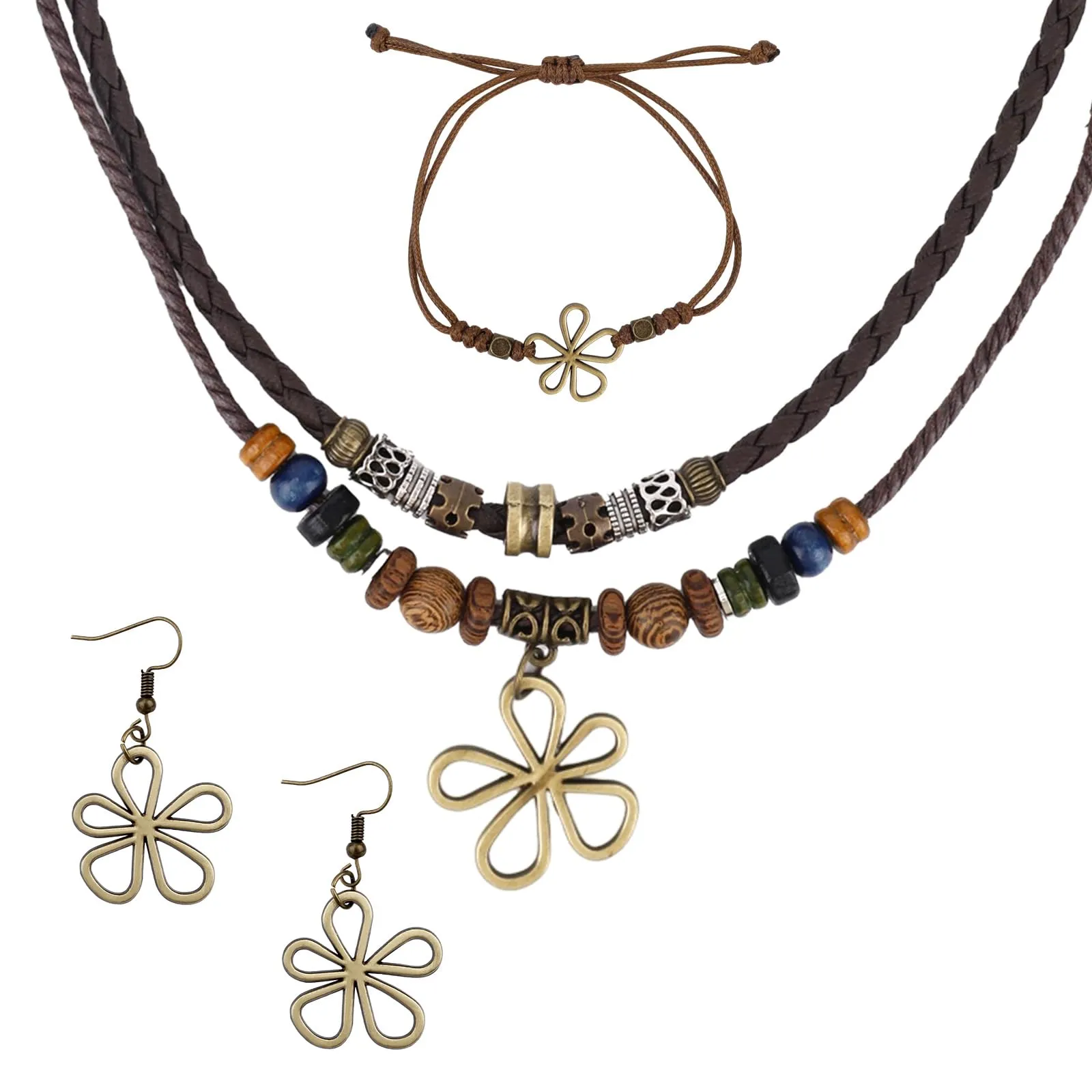 Mikovivi Set di Gioielli Bohémien con Perline di Legno e Fiore Cavo | Collana, Orecchini e Bracciale Regolabile Legno con Perline Cave Fiore Stile Bohémien Gioielli Etnici Tribali Più Strati - immagine 1