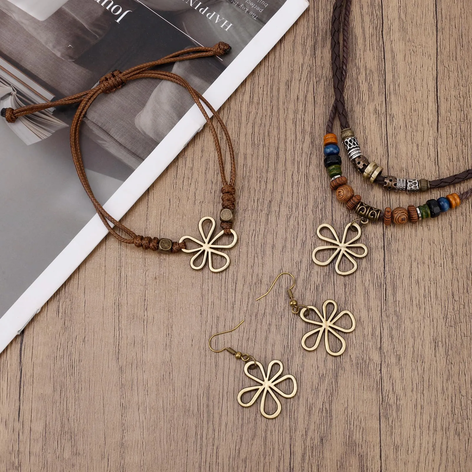 Mikovivi Set di Gioielli Bohémien con Perline di Legno e Fiore Cavo | Collana, Orecchini e Bracciale Regolabile Legno con Perline Cave Fiore Stile Bohémien Gioielli Etnici Tribali Più Strati - immagine 3