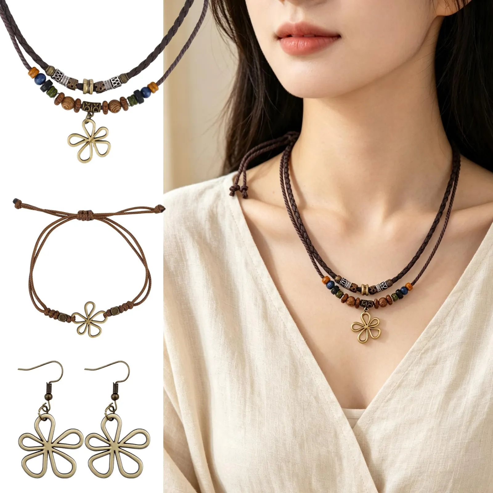 Mikovivi Set di Gioielli Bohémien con Perline di Legno e Fiore Cavo | Collana, Orecchini e Bracciale Regolabile Legno con Perline Cave Fiore Stile Bohémien Gioielli Etnici Tribali Più Strati - immagine 4