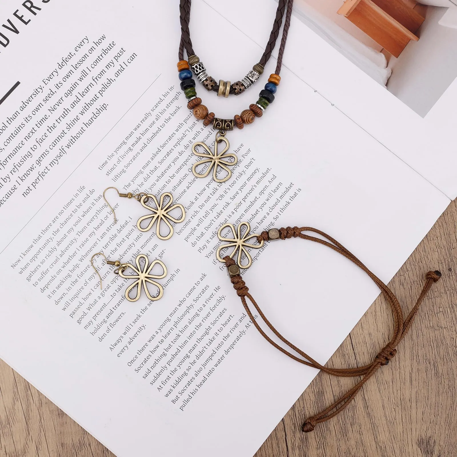 Mikovivi Set di Gioielli Bohémien con Perline di Legno e Fiore Cavo | Collana, Orecchini e Bracciale Regolabile Legno con Perline Cave Fiore Stile Bohémien Gioielli Etnici Tribali Più Strati - immagine 5