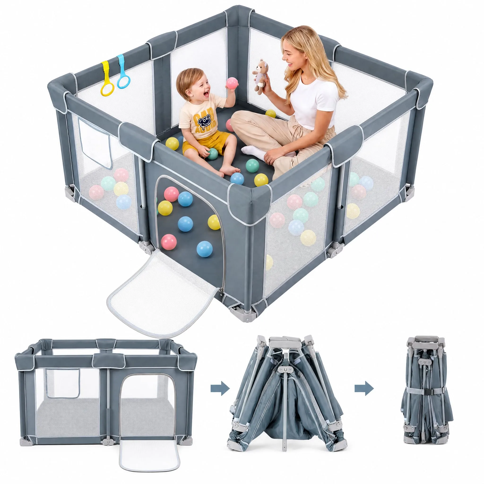 Dripex Box Bambini Pieghevole 130x130cm Grigio Bluastro, Recinto Giochi con Tappeto Imbottito - immagine 1