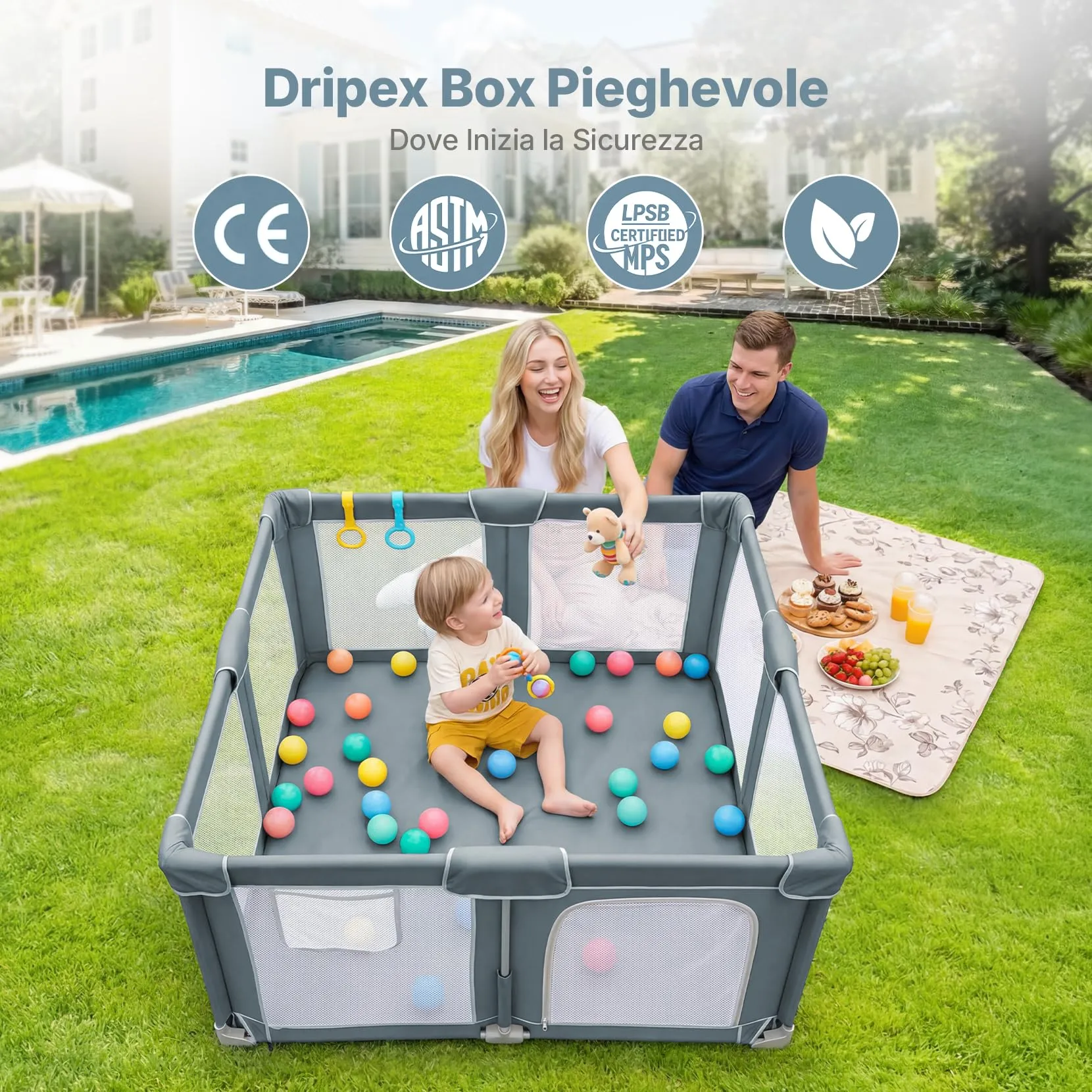 Dripex Box Bambini Pieghevole 130x130cm Grigio Bluastro, Recinto Giochi con Tappeto Imbottito - immagine 2