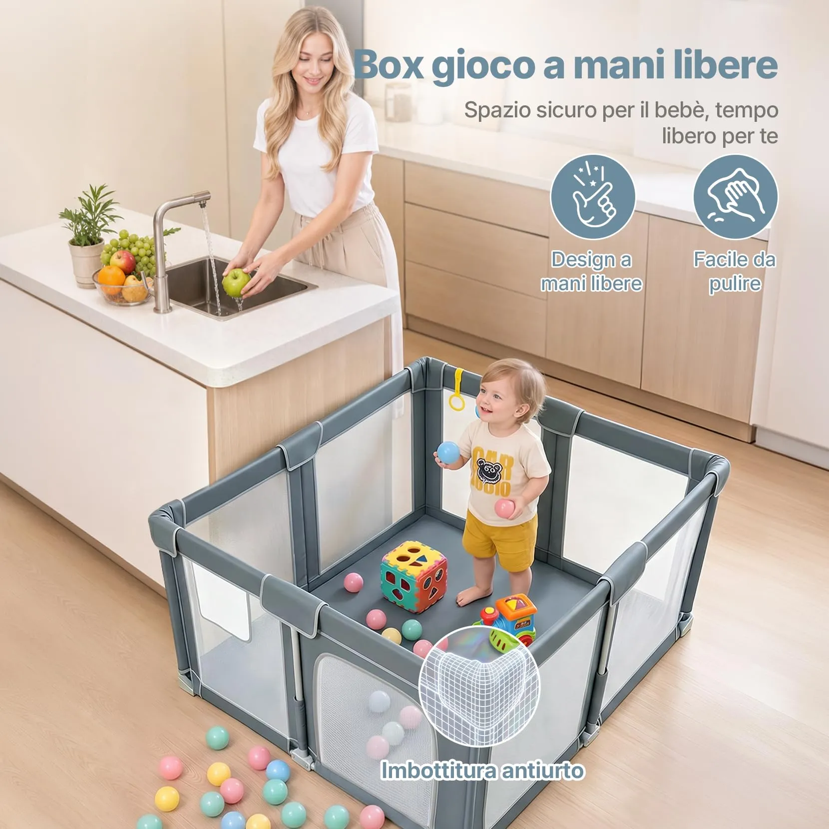 Dripex Box Bambini Pieghevole 130x130cm Grigio Bluastro, Recinto Giochi con Tappeto Imbottito - immagine 4