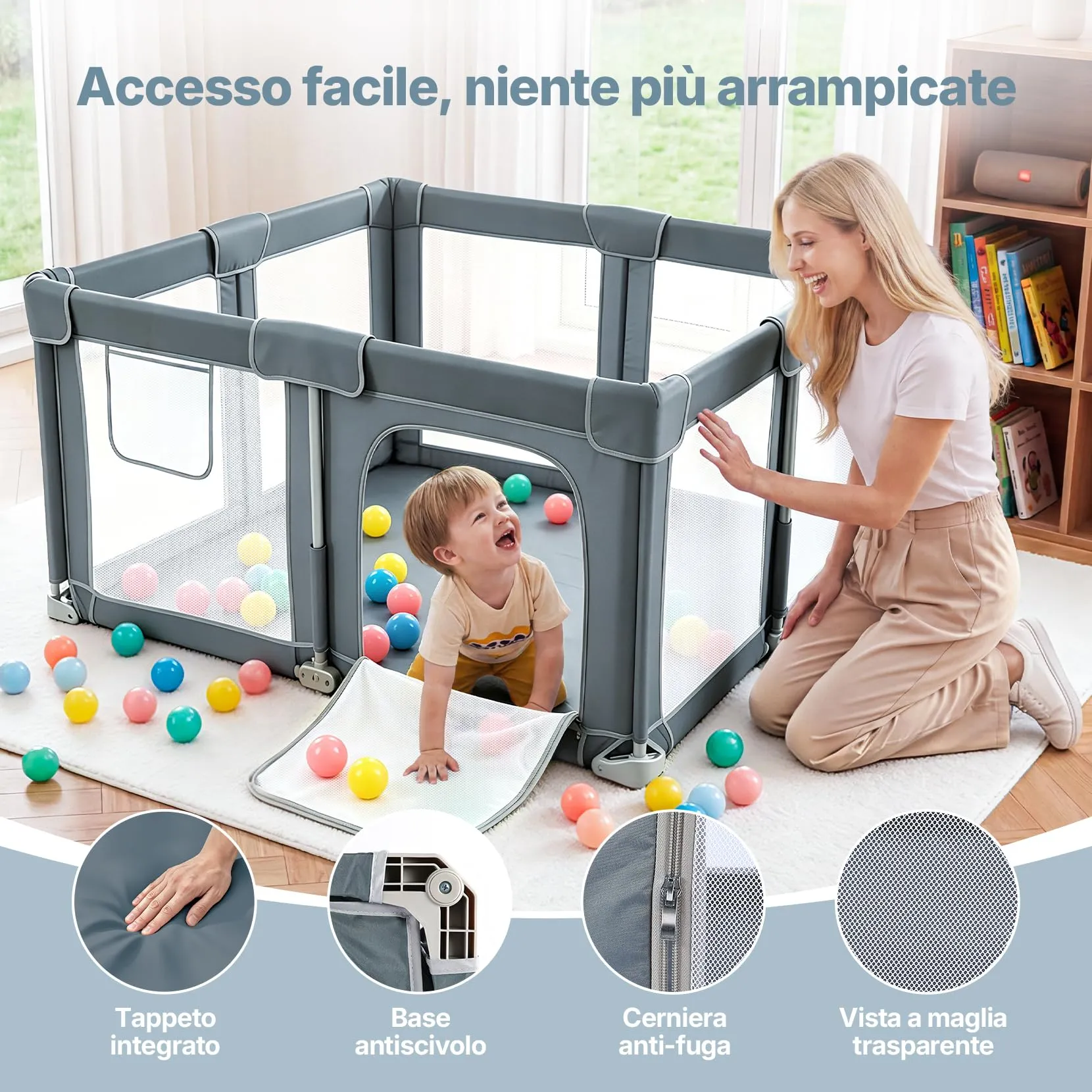 Dripex Box Bambini Pieghevole 130x130cm Grigio Bluastro, Recinto Giochi con Tappeto Imbottito - immagine 5