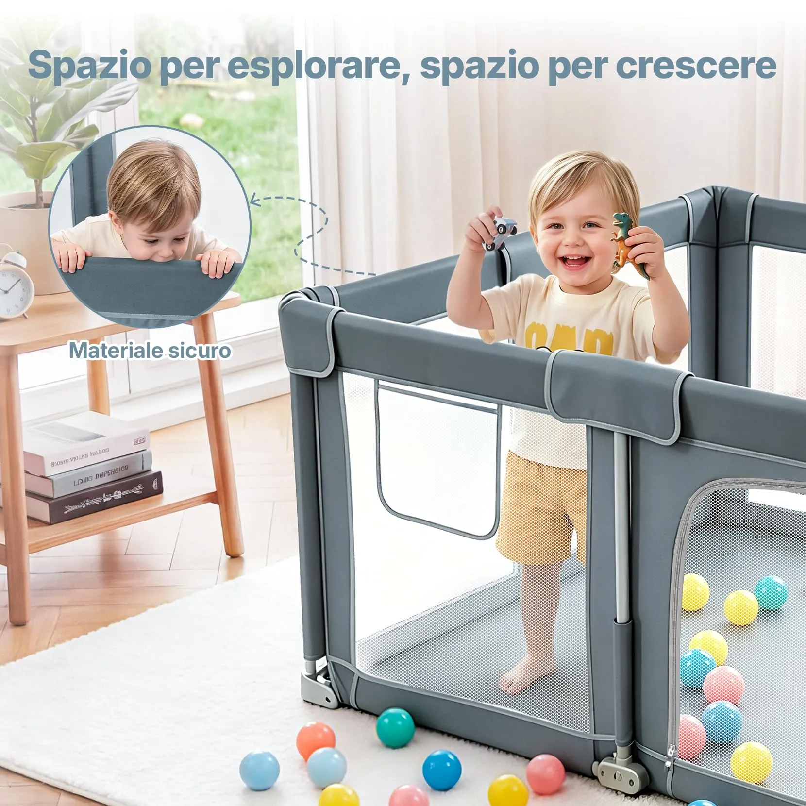 Dripex Box Bambini Pieghevole 130x130cm Grigio Bluastro, Recinto Giochi con Tappeto Imbottito - immagine 6