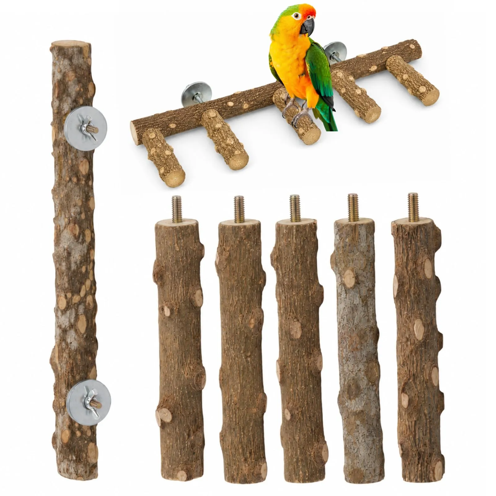 Layposy 6 Pezzi Posatoi Uccelli In Legno Naturali, Trespolo per Gabbia Finestra Per Pappagalli Canarini, Gioco Per Uccelli - immagine 1