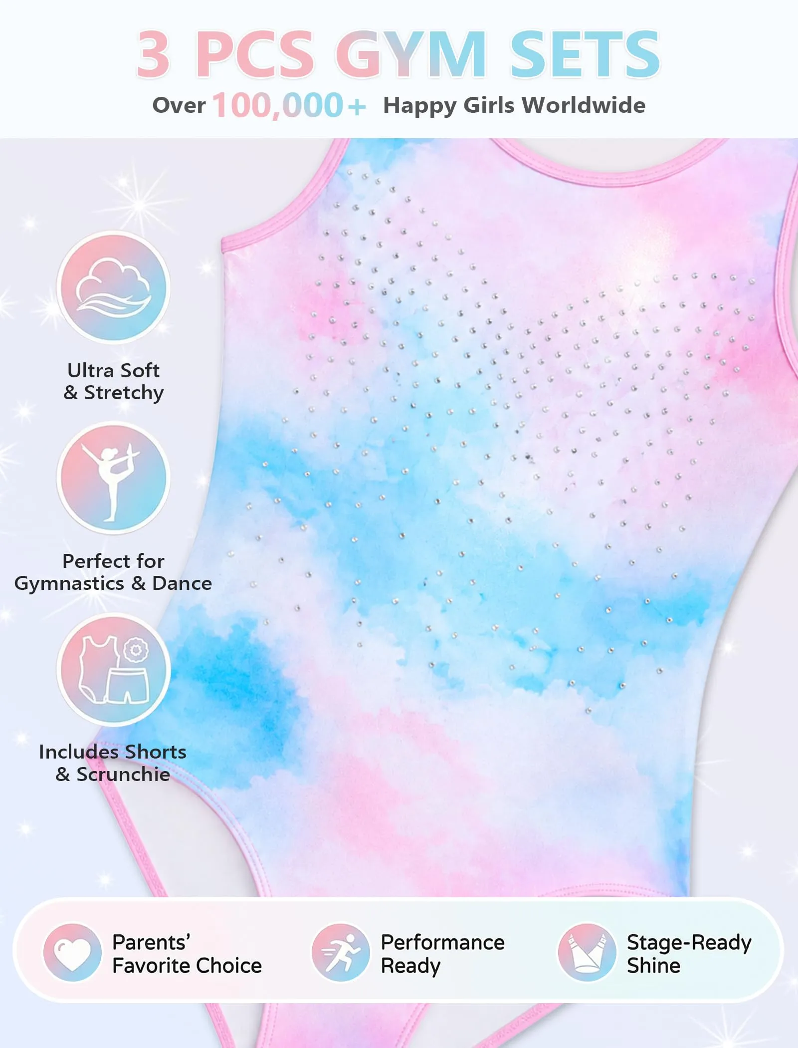 Gogokids Body da ginnastica per ragazze, 3 pezzi, set sportivo scintillante - immagine 4