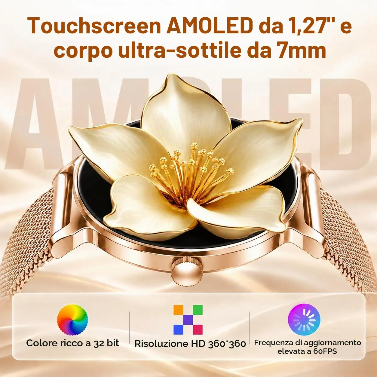 taopodo Orologio Smartwatch Donna, Schermo Rotondo AMOLED 1,27", Chiamate Bluetooth, Monitoraggio Battito e Sonno Smart Watch Donna, 120+ Modalità Sportive, Impermeabilità IP68 (Oro Rosa) - immagine 2