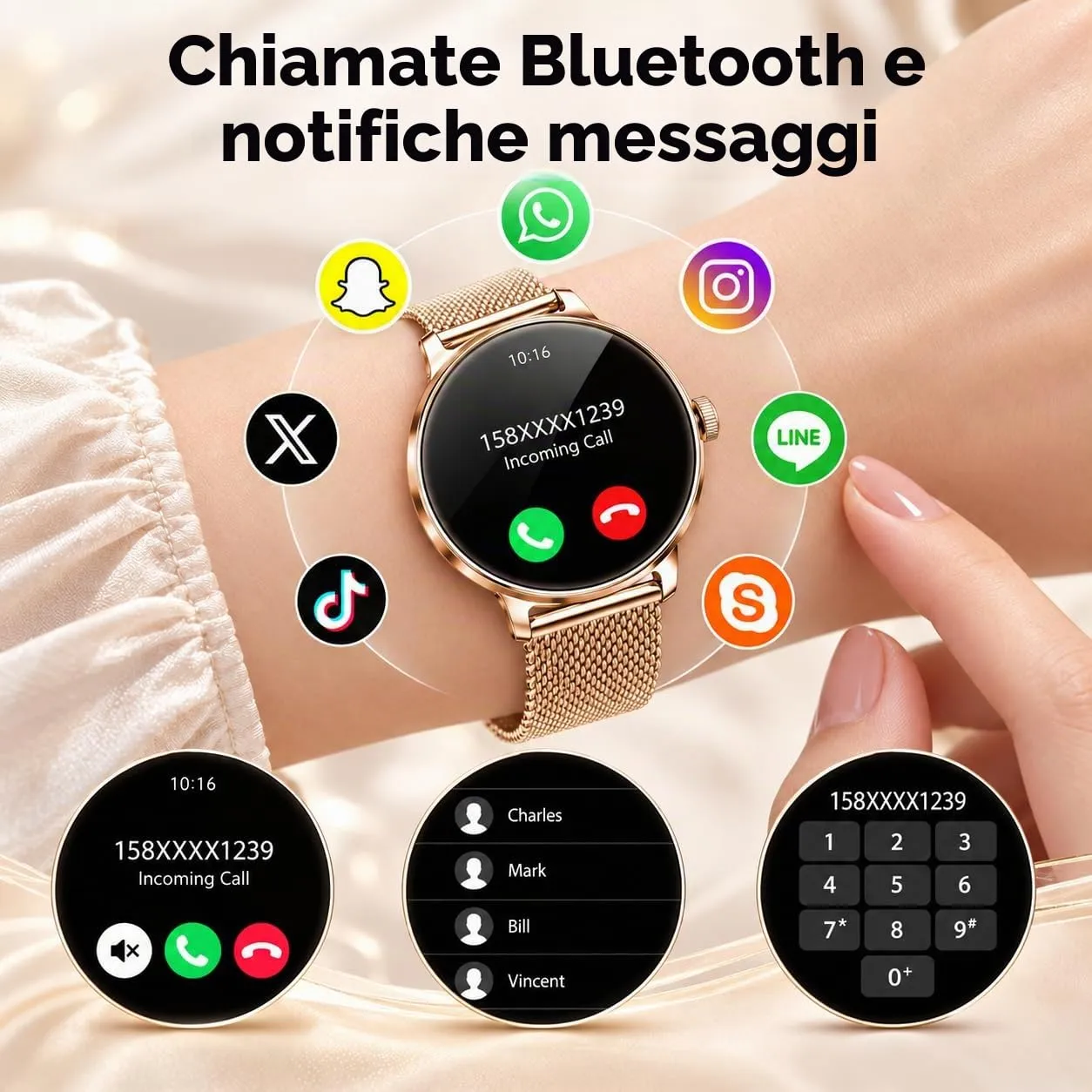taopodo Orologio Smartwatch Donna, Schermo Rotondo AMOLED 1,27", Chiamate Bluetooth, Monitoraggio Battito e Sonno Smart Watch Donna, 120+ Modalità Sportive, Impermeabilità IP68 (Oro Rosa) - immagine 3